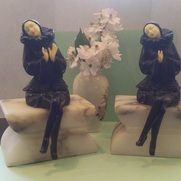 Other - Heavy Bookends Pierrot Clown Mime Book Ends stone  Base Very old  Art Deco FLAWS